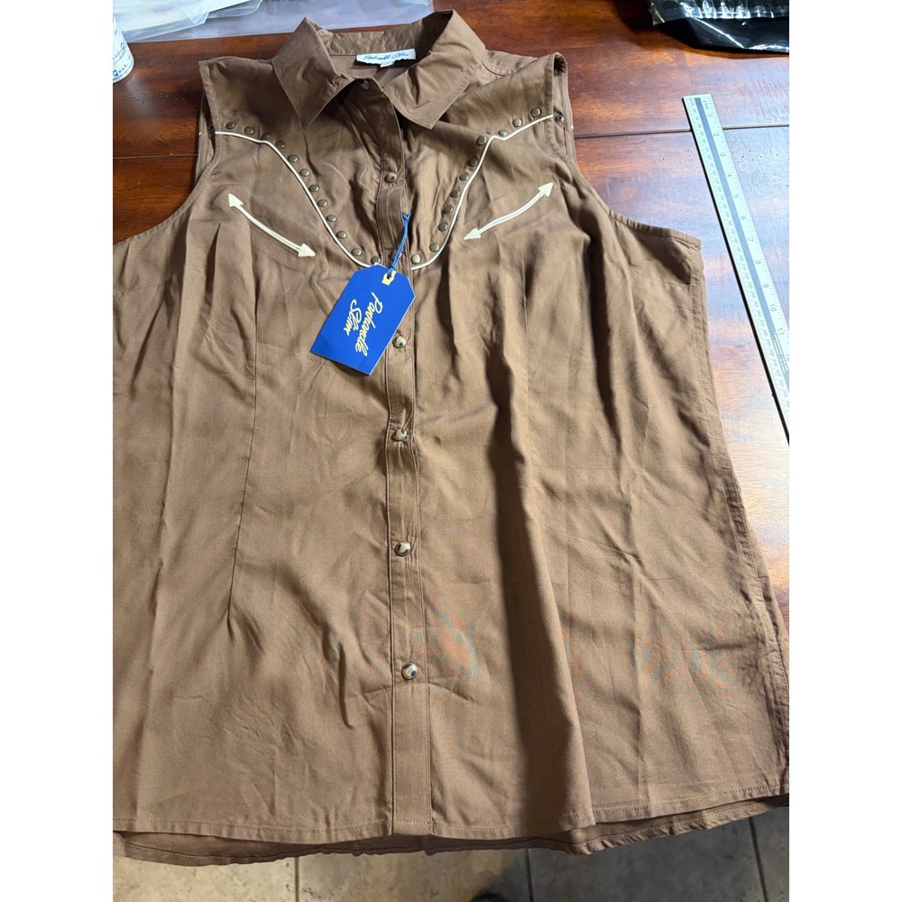 Panhandle Slim Womens XL Brown Sleeveless Western Shirt Studded Snap Front NWT